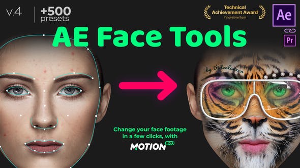 AE脚本-AE Face Tools V4.1换脸人脸面部追踪贴图表情化妆美颜丑化锁定变形特效预设工具支持win/Mac